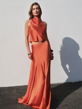 Reformation SERA Two Piece Silk Maxi Skirt Set Red Coral Orange Sz 2 - With Tags